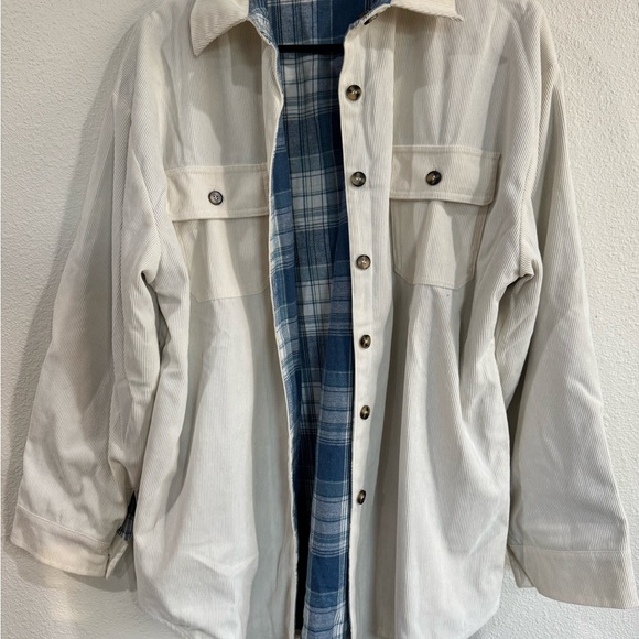 mello Jackets & Blazers - Women’s Cream and blue reversible Jacket with Blue Plaid Lining